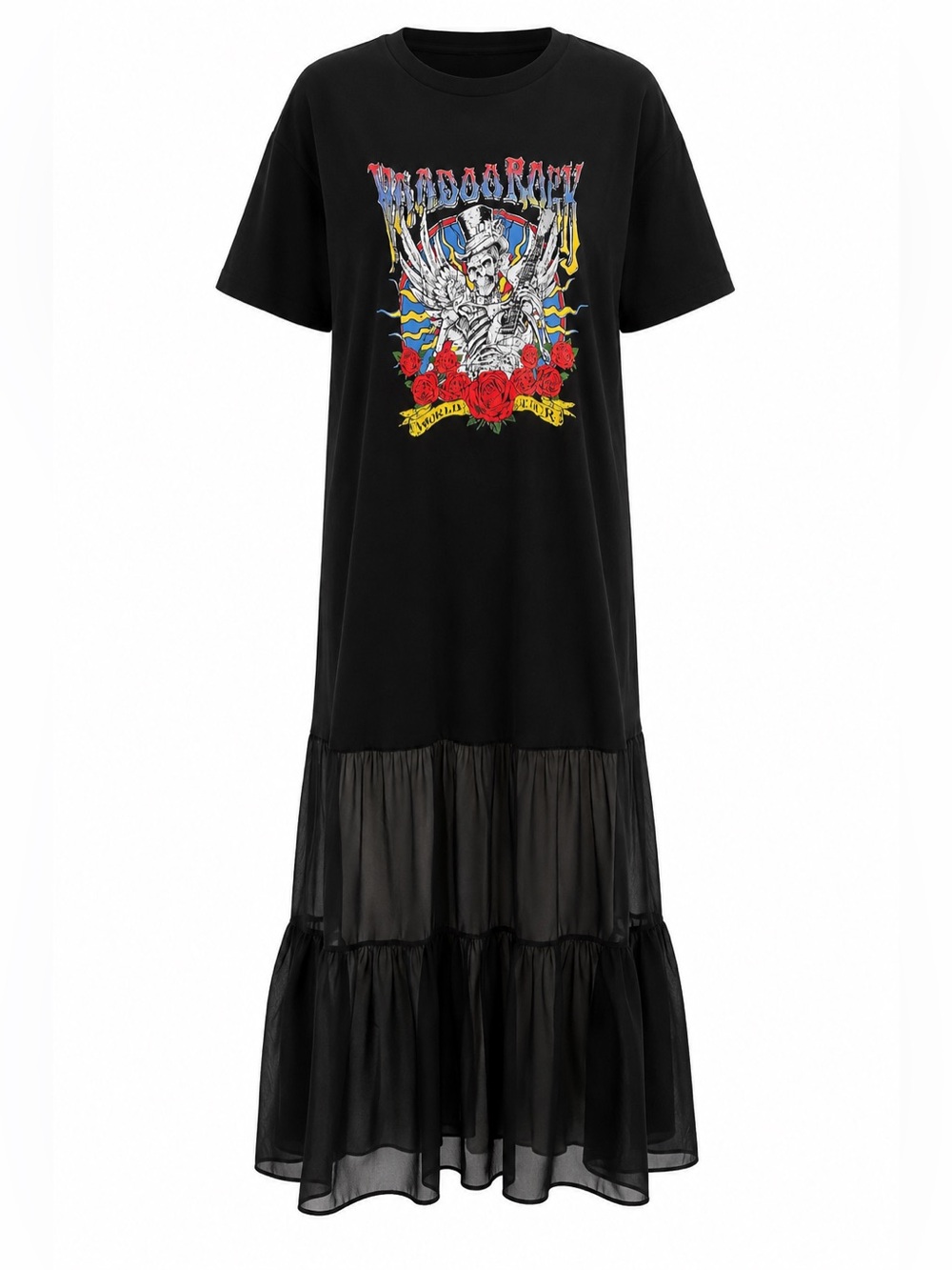 Fashion Nova Black Maxi Graphic Tee Dress with Red Roses